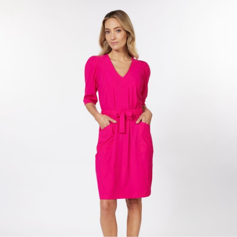 Women's Fuchsia V-Neck Tie-Waist Dress